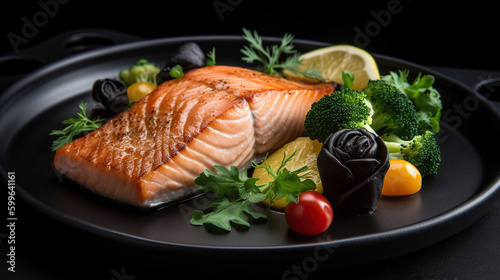 When Taste Meets Style, Grilled Salmon and Veggies on a Gorgeous Black Stone Plate. AI Generative