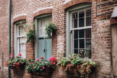 exposed brick exterior with traditional shutters and hanging baskets in the window, created with generative ai