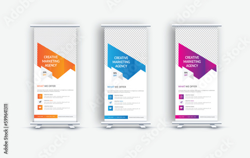 Modern corporate colorful roll up standee banner design template, Colorful Stylish Creative Corporate Roll Up Banner Signage Standee Template for Advertising and Multipurpose Use with thre Color Vari 