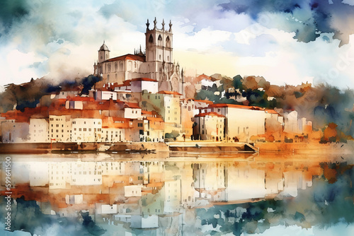 Watercolor style of Coimbra (Portugal), former Portuguese capital. illustration made with ai