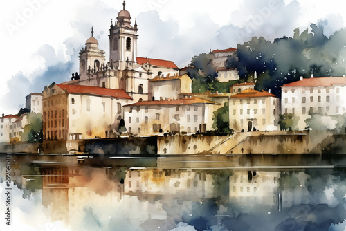 Watercolor style of Coimbra (Portugal), former Portuguese capital. illustration made with ai