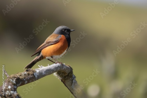 male redstart perched on branch, looking out over the landscape, created with generative ai