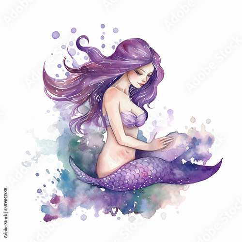 illustrazione di sirena viola clip art in stile acquerello , sfondo bianco scontornabile ,creata con intelligenza artificiale