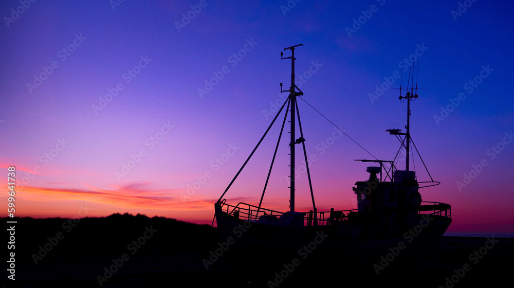 A dark silhouette of a boat doing the beautiful blue hour