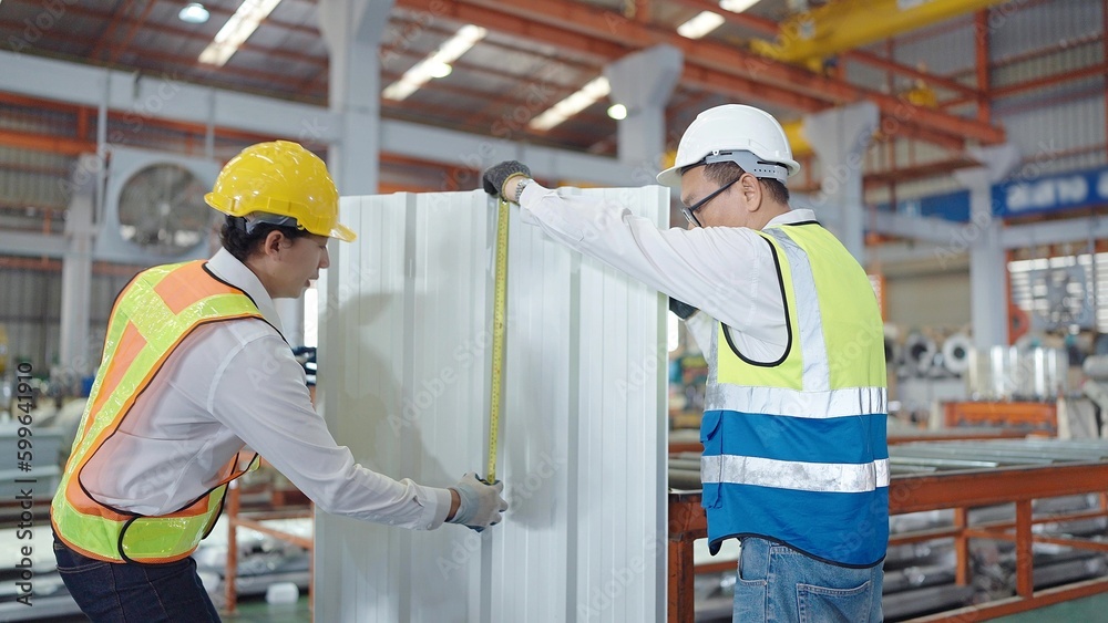 Two Asian man workers in safety uniform working at manufacturing in metal plant and measuring size of the metal roof Two Asian man workers in safety uniform working at manufacturing in metal plant and measuring size of the metal roof
