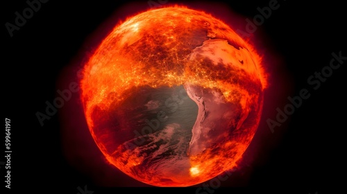 Illustration of the earth world globe on fire or burning increasing the temperature. Climate change, burning earth global warming concept. Generative AI technology.