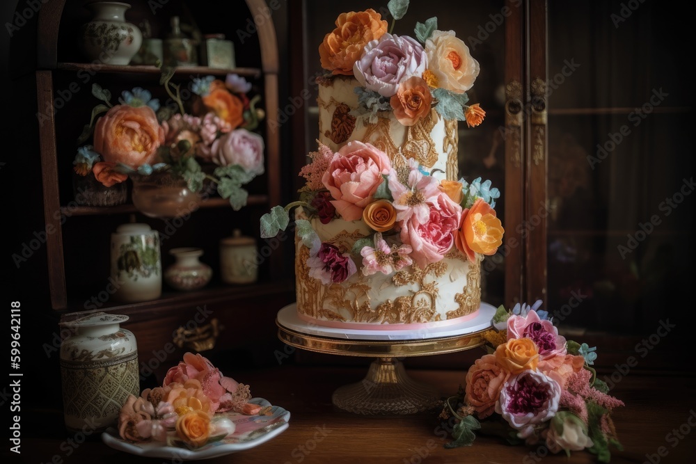 a whimsical wedding cake with vintage-inspired flowers and decorations, created with generative ai