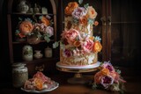 a whimsical wedding cake with vintage-inspired flowers and decorations, created with generative ai