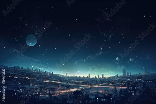 cityscape, with view of the starry night sky and distant planets, created with generative ai