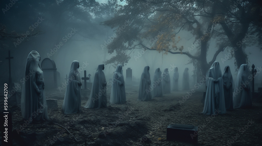 A ghost in white cloth with creepy eyes in horrible background with mist Generative AI. A ghost in white cloth with creepy eyes in horrible background with mist Generative AI.
