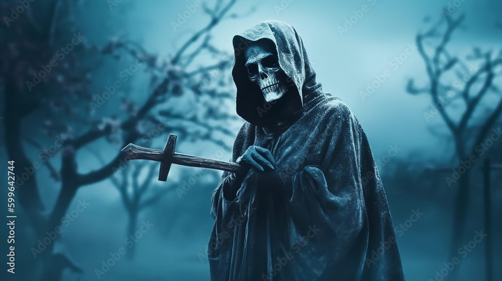 Obraz premium A grim reaper in horrible background with mist Generative AI