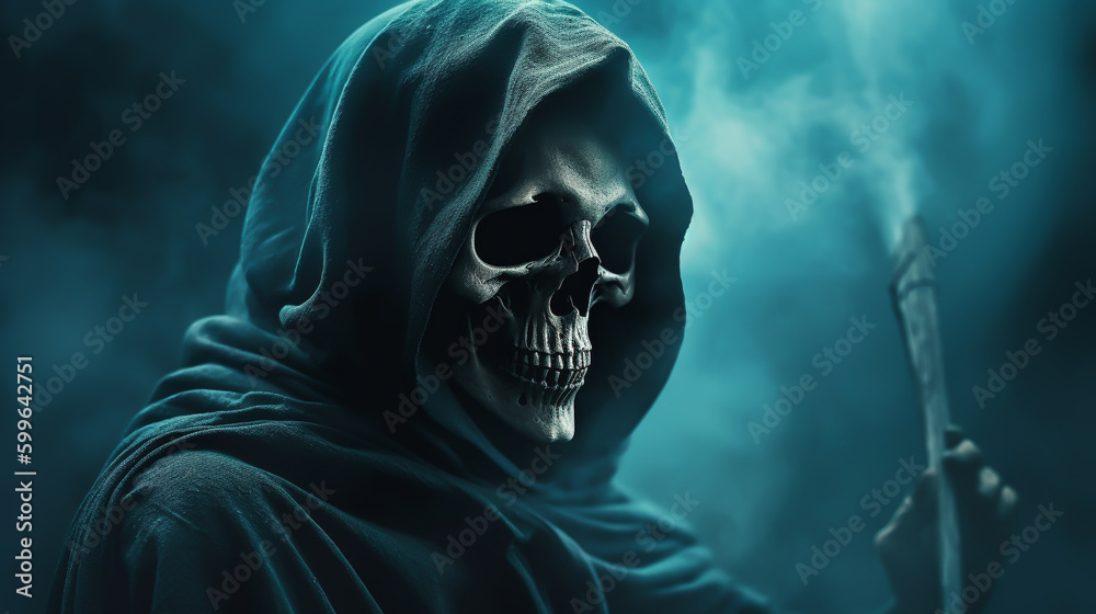 A grim reaper in horrible background with mist Generative AI A grim reaper in horrible background with mist Generative AI