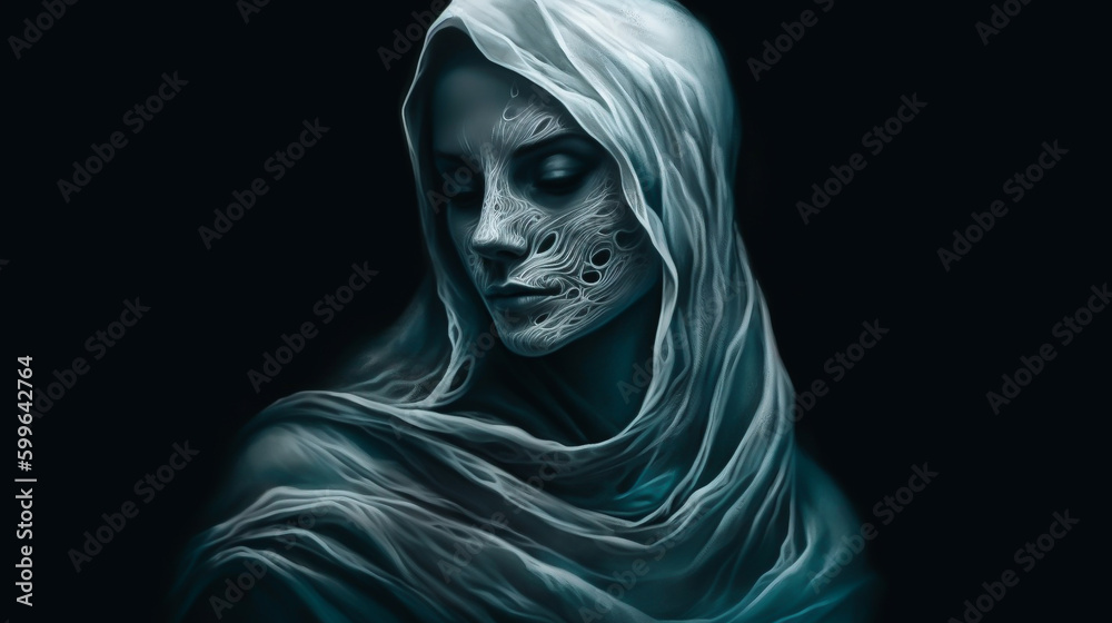 A woman ghost in white cloth with creepy eyes in horrible background with mist Generative AI.