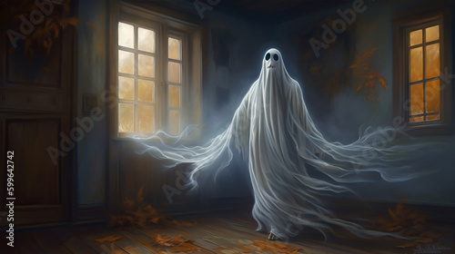 A ghost in white cloth with creepy eyes in horrible background with mist Generative AI.