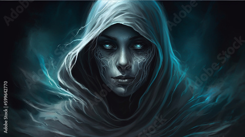 A woman ghost in white cloth with creepy eyes in horrible background with mist Generative AI.