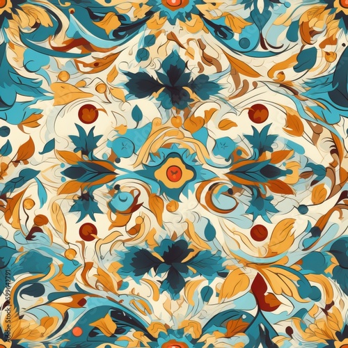 seamless pattern of a blue yellow and orange floral pattern
