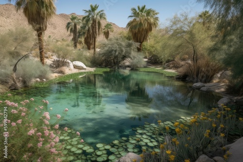 oasis with crystal-clear water, surrounded by blooming desert flora, created with generative ai