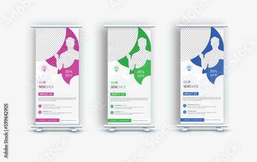 Creative Colorful Stylish corporate roll up banner design in curve shape layout, geometric triangle and exhibition ads pull up design x-banner design template photo