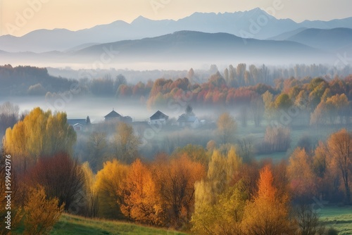 misty autumn morning, with view of misty mountains in the background, created with generative ai
