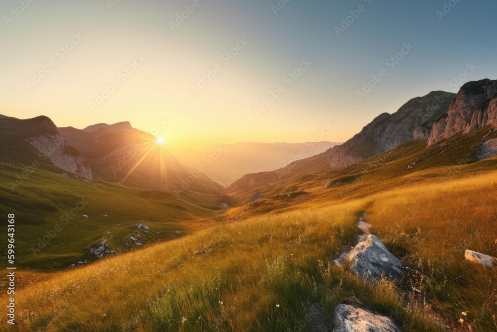 majestic mountain landscape with sunset, warm colors and clear skies, created with generative ai