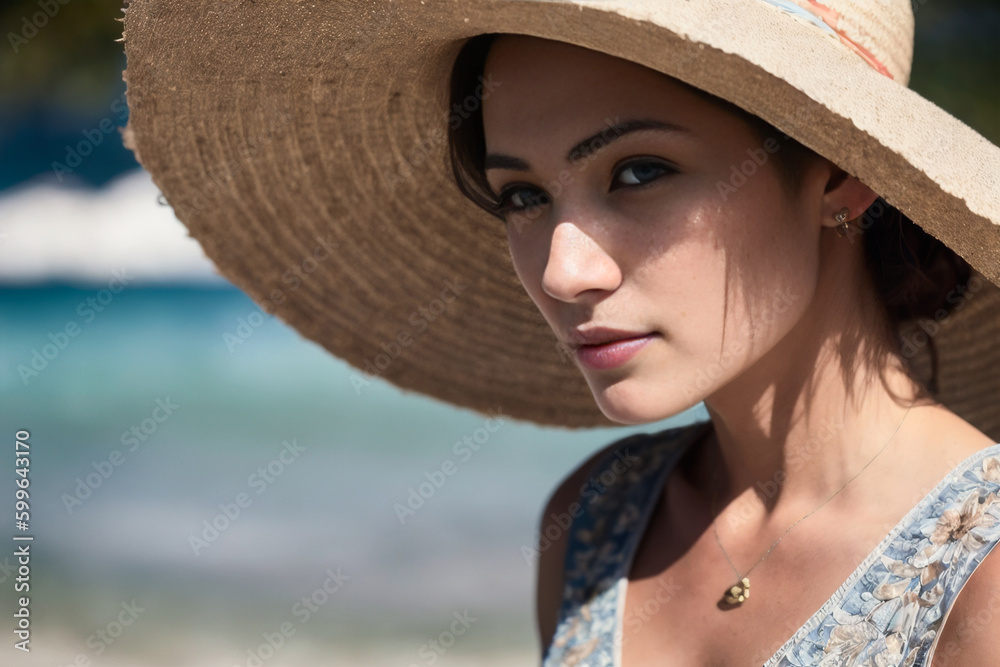 Portrait of the smiling happy young woman dressed in a light dress, fluttering in the wind and a straw hat relaxing and enjoying at the beautiful tropical white sand beach at early morning. Generative