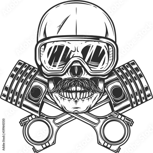 Biker skull with mustache in safety glasses with crossed engine pistons service repair motorcycle, car and truck business in vintage monochrome isolated illustration