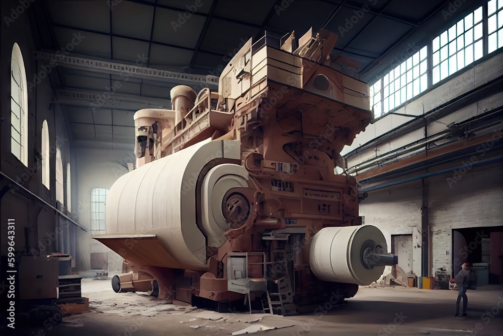 paper factory, with huge machines transforming raw materials into finished products, created with generative ai
