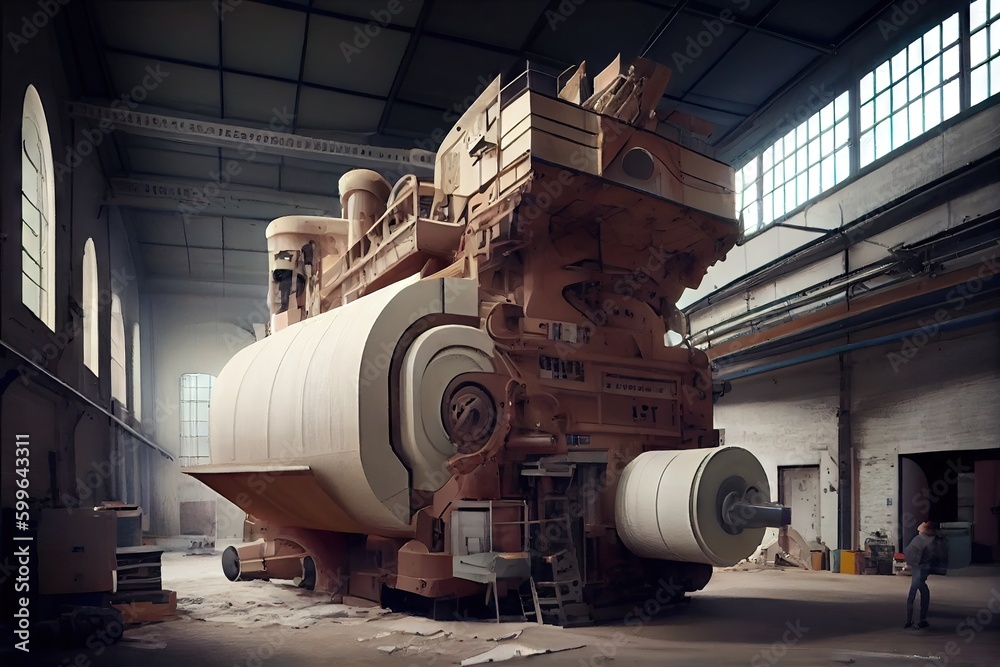 paper factory, with huge machines transforming raw materials into finished products, created with generative ai paper factory, with huge machines transforming raw materials into finished products, created with generative ai