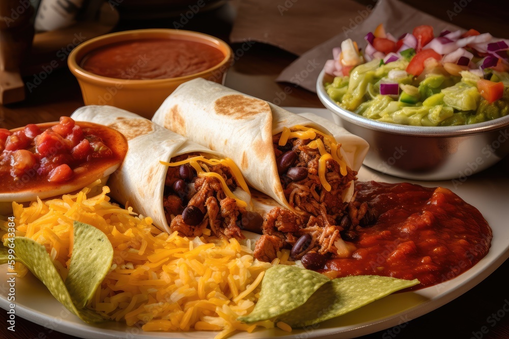 burrito and nachos platter with sizzling fajita meat, spicy salsa, and melted cheese, created with generative ai burrito and nachos platter with sizzling fajita meat, spicy salsa, and melted cheese, created with generative ai