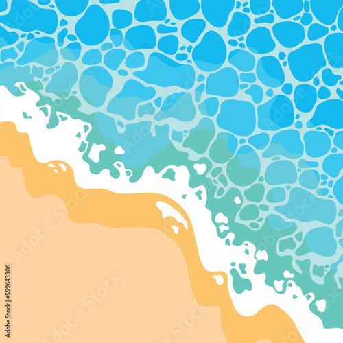 Vector illustration of tropical beach in daytime. Sea coast with sand and ocean wave. Cartoon vector beach with sandy seaside, blue transparent water surface. Paradise island, exotic tropical beach