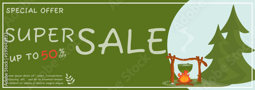 An advertising banner with an image of a camping site. Summer camping, travel, trip, hiking, tourist, nature, travel, picnic concept. Vector illustration for a poster, banner, leaflet, cover.