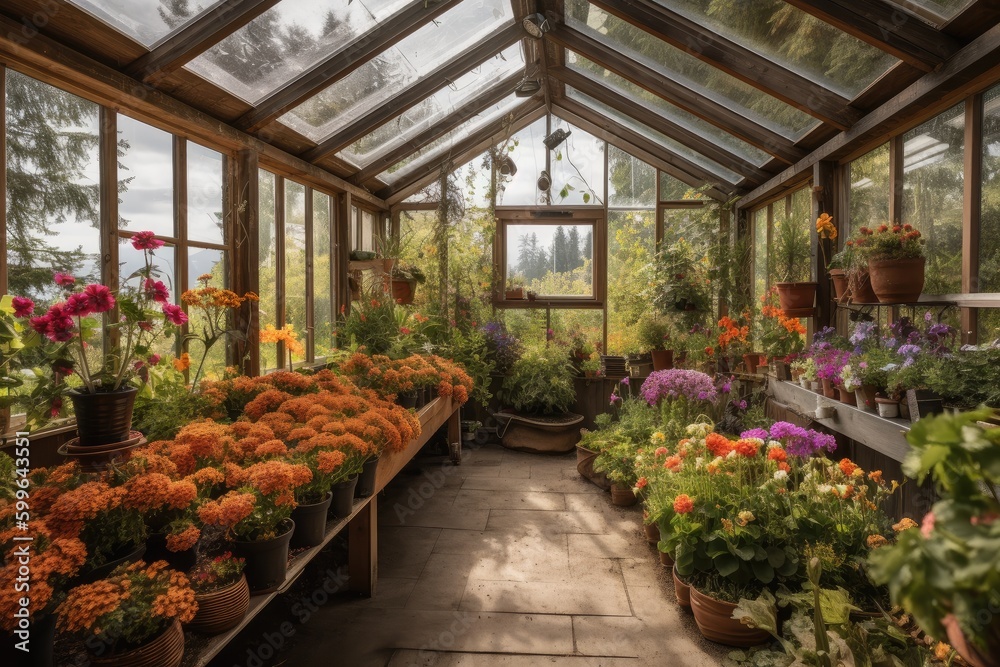 greenhouse with view of garden, featuring colorful plants and blooming flowers, created with generative ai greenhouse with view of garden, featuring colorful plants and blooming flowers, created with generative ai
