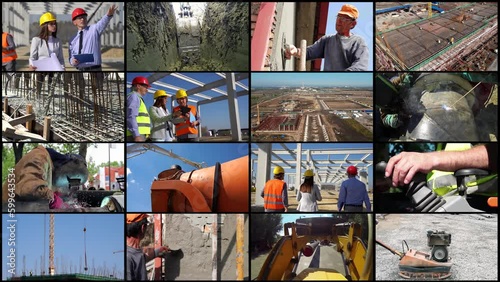 Construction Industry - Multi Screen. Large Construction Site with Tower Cranes, Machinery and Builders at Work. Construction Project Management Team at Building Site. Construction Industry Employment