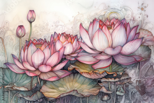 Fototapeta Naklejka Na Ścianę i Meble -  Lotus flowers background. Pink lotuses watercolor drawing. Water lily wallpaper. Lotus flower art. Generative ai illustration in watercolor style