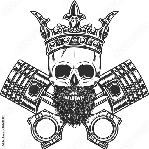 Biker skull in crown with beard and mustache with crossed engine pistons service repair motorcycle, car and truck business in vintage monochrome isolated illustration