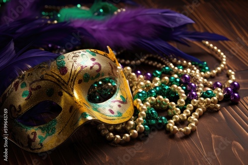 handmade card featuring mardi gras mask and beads, created with generative ai
