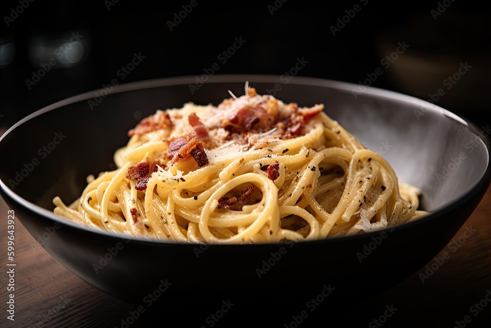 close-up of creamy bowl of spaghetti carbonara, with pepper and cheese visible, created with generative ai close-up of creamy bowl of spaghetti carbonara, with pepper and cheese visible, created with generative ai