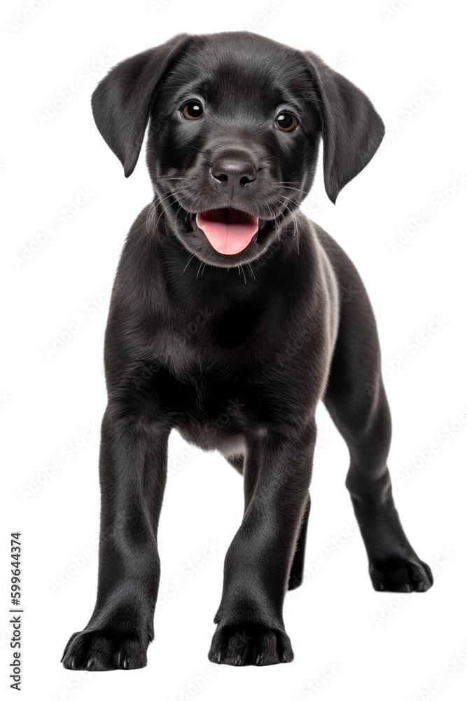 Standing happy english black labrador puppy on a transparent background. Generative AI