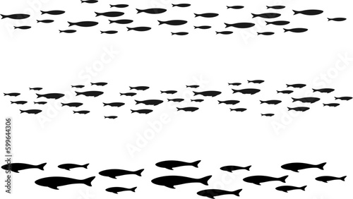 Colony of swiming sea or aquarium fishes. Group of silhouttes .