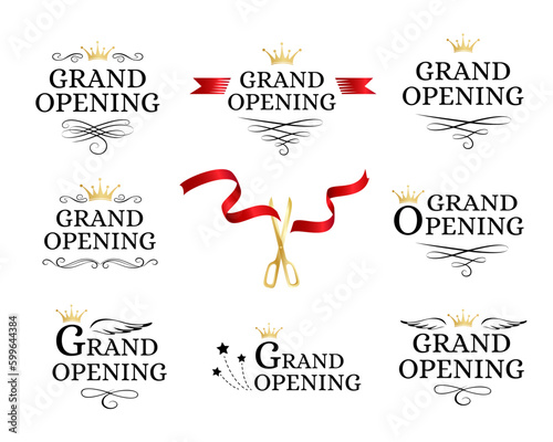 Grand opening badges collection with cut red ribbon and gold scissors