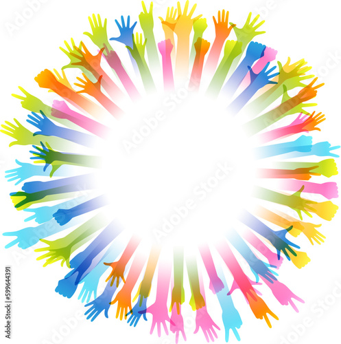 Hands up silhouettes, frame with copy space. Conceptual illustration for festivals, concerts, social and tolerance public communities, education or volunteering.