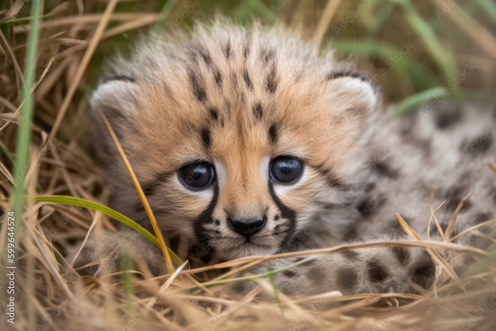 Obraz premium newborn cheetah lying in the grass, its spotted fur visible, created with generative ai