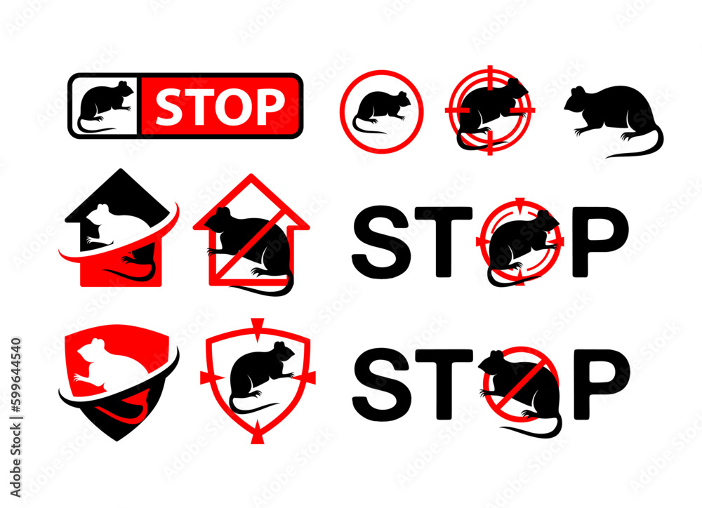 Pest control badges set. Design elements, labels and stickers, danger and stop signs with rat silhouette Pest control badges set. Design elements, labels and stickers, danger and stop signs with rat silhouette