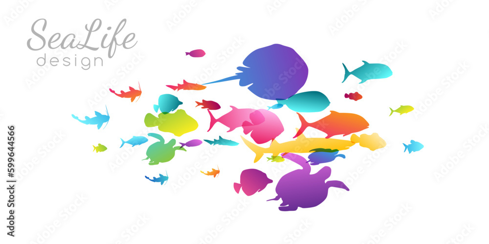 Fototapeta premium Colony of swiming sea or aquarium colorful fishes. Group of color silhouettes . Collection of isolated vector decoration.
