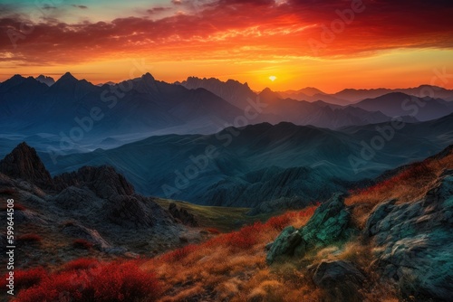 majestic mountain range with the sun setting behind, surrounded by vivid colors, created with generative ai