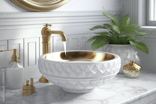 round white wash basin with brass faucet and accessories  created with generative ai