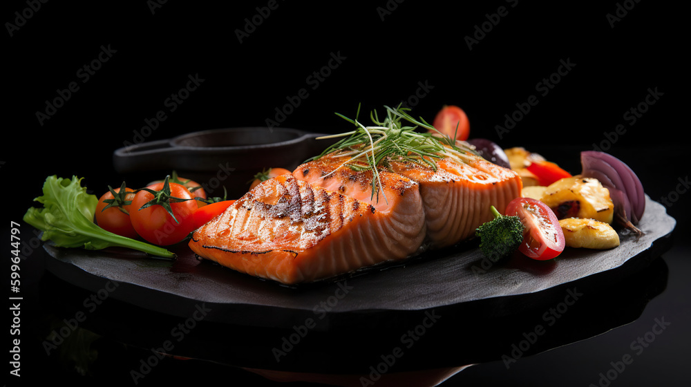 Sizzling Salmon Delight, Grilled and Served on a Black Stone Plate with Fresh Vegetables. AI Generative Sizzling Salmon Delight, Grilled and Served on a Black Stone Plate with Fresh Vegetables. AI Generative