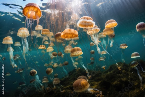 jellyfish swimming among schools of fish in underwater world, created with generative ai