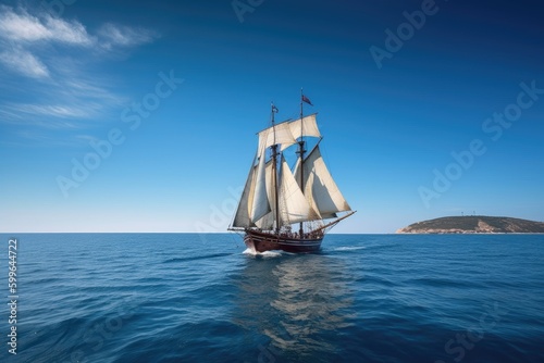 sailing vessel at full sail on a clear blue sea, created with generative ai