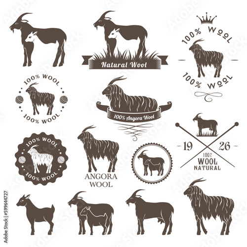 Wool labels. Angora goat emblems collection. Logo set for cashmere and mohair wool products.